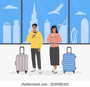 Vector illustration Man, woman with suitcases use cell phones. Tourist. People take photos, selfies. United Arab Emirates skyscraper. Summer vacation. Travel Adventure Tourism Dubai famous building