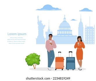 Vector illustration Man, woman with suitcases use cell phones. Tourist. People take photos, selfies. USA New York. Summer vacation. Travel, adventure concept. Tourism Famous American statue buildings