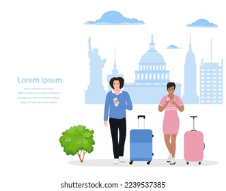 Vector illustration Man, woman with suitcases use cell phones. Tourist. People take photos, selfies. USA New York. Summer vacation. Travel, adventure concept. Tourism Famous American statue buildings