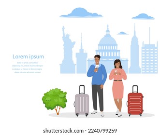 Ilustración vectorial Hombre, mujer con maletas usa teléfonos celulares. Turista. La gente toma fotos, selfies. EE.UU. Nueva York. Vacaciones de verano. Viajes, concepto de aventura. Turismo Famosos Edificios de estatuas Estadounidenses