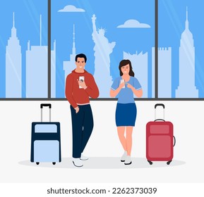 Vector illustration Man, woman with suitcases use cell phones. Tourist. People take photos, selfies. USA New York. Summer vacation. Travel, adventure concept. Tourism Famous American statue buildings