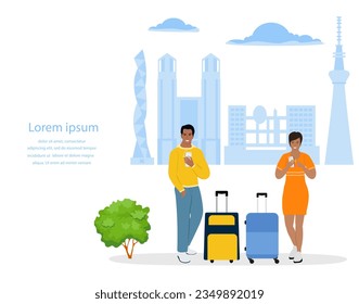 Vector illustration Man, woman with suitcases use cell phones. Tourist. People take photos, selfies. Japan Asia Summer vacation Travel, adventure concept. Tourism Japanese culture Skyscrapers Building