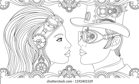 Vector illustration, man and woman in suits steampunk, black and white coloring.
