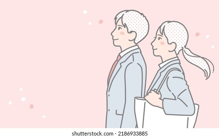 Vector illustration of a man and woman in suits facing sideways with cherry blossoms