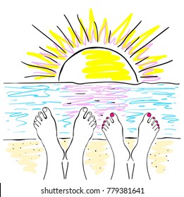 vector illustration of a man and woman sunbathing on the beach, feet on the background of the sun and the sea