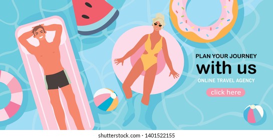 Vector illustration of man and woman swimming on an inflatable lounge and inner tube in a pool or a sea and sunbathing on a vacation. Creative banner for travel agency or invitation to a pool party.