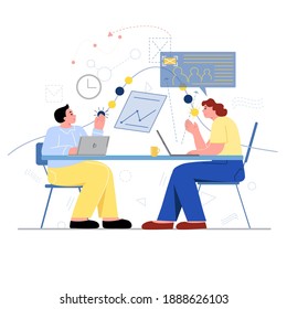 Vector illustration. A man and a woman at a table with laptops are negotiating. Above their images, their thoughts and lines of action are lined up.