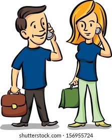 Vector illustration of man and woman talking on the cell phones