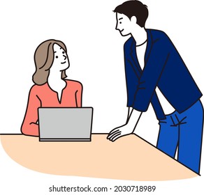 Vector illustration of a man and a woman talking in an office