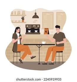 Vector illustration of man and woman talking in coffee shop. Illustration for website, landing page, mobile app, poster and banner. Trendy flat vector illustration