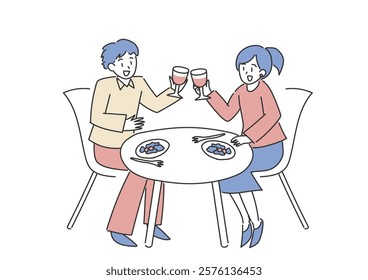 Vector illustration of a man and woman toasting at a table. Lovers or couple dining. Simple hand drawn illustration.