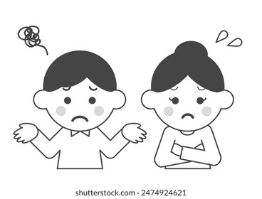 Vector illustration of a man and a woman in trouble. Black and white. Young couple who are worried and have their arms crossed. Two people with troubled faces.
