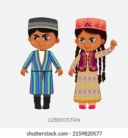 Vector illustration of a man and a woman in Uzbek national costume on a white background, set of elements, ornament
