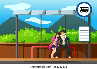 A vector illustration of man and woman waiting at bus stop