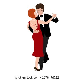 Vector Illustration of man and woman in waltz pose in the style of the 1920s. Beautiful young european couple. Character in flat style, isolated on a white background