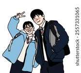 Vector illustration of a man and woman wearing school uniforms taking a photo together. The illustration is inspired by a famous Korean drama scene.