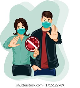 vector illustration of a man and woman wearing masks, and hands showing stop cues and carrying anti corona sign plates