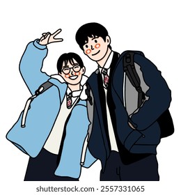 Vector illustration of a man and woman wearing school uniforms taking a photo together. The illustration is inspired by a famous Korean drama scene.