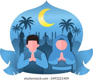 Ilustración vectorial de hombre y mujer deseando unas felices fiestas de Eid