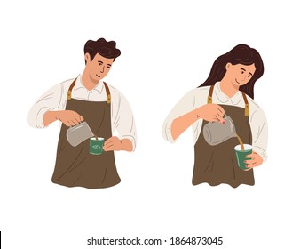 Vector illustration man and woman workers working as coffee shop baristas, baristas pouring and processing coffee preparations.