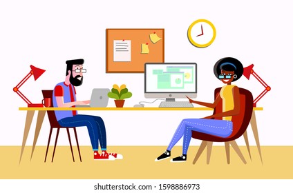 Vector illustration of a man and a woman working at a table with their respective computers in a coworking room
