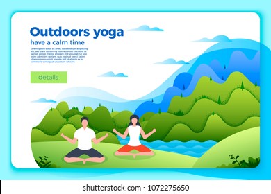 Vector Illustration - Man And Woman In Yoga Lotus Pose. Park, Forest, Trees And Hills On Background. Banner, Poster Template With Place For Your Text.