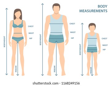 Vector illustration of man, women and boy in full length with measurement lines of body parameters . Man, women and child sizes measurements. Human body measurements and proportions. Flat design.