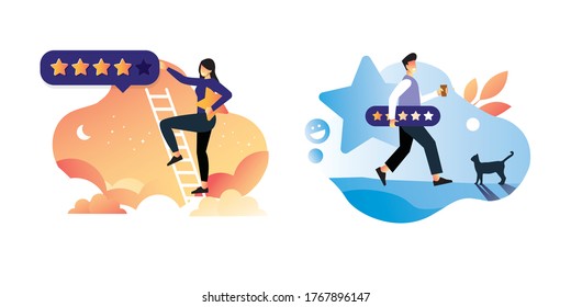 vector illustration man and women bring banner five rating stars feedback with cat people give rating online shop taxi booking transportation mobile application concept. please rate us give 5 stars. 