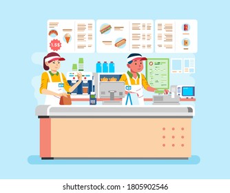 vector illustration of man and women cashier wearing uniform at fast food restaurant is serving customers. used for banner, poster and other