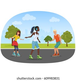 Vector illustration of the man and women rolling skates in the park.
