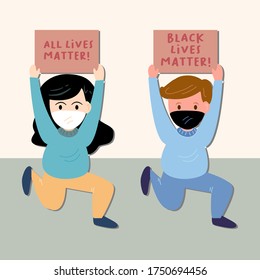 Vector Illustration of man and women wearing protective mask , kneel with protest sign in hand for All lives matter or equality campaign. Poster about Human Right of Black People in U.S. America.