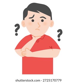 Ilustración vectorial de un hombre preguntándose con signos de interrogación.