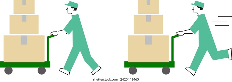 Vector illustration of a man in work clothes carrying luggage on a trolley