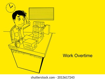 Vector illustration of a man work overtime, cartoon sketch illustration