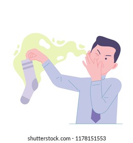 vector illustration man worker holding stinky smelly socks and the other hand closing nose