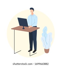 Vector illustration of a man working at the computer in the room with a standing desk. It represents a concept of home activity, healthy lifestyle, remote job, quarantine and staying at home