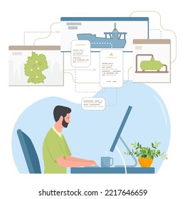 Vector illustration Man working at computer. Global Logistics service. Transportation of oil, gas. Delivery, cargo transportation. Ordering freight services. Export Import Warehouse business Shipping