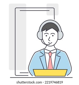 Vector illustration of a man working at a computer. Call center operator. 