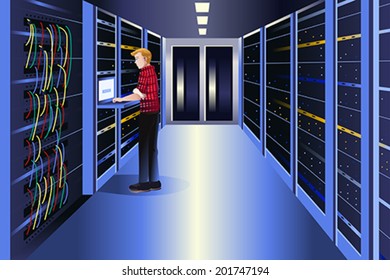 A vector illustration of man working in a data center