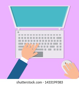 Vector illustration of a man working with his hands on a laptop computer with a mouse and keyboard on a pink background, top view, flat lay. Concept: computer digital technologies.