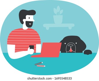 Vector illustration of a man working at his desk with his dog