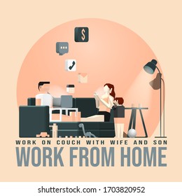 Vector illustration of a man working from home. On his couch with his family