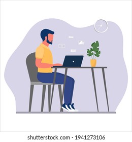 Ilustración vectorial de un hombre trabajando en casa. La autonomía.