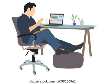 Vektorgrafik-Mann, der von zu Hause aus arbeitet. Online-Karriere. junge Freiberufler, die an einem Laptop oder einem Computer zu Hause arbeiten. Lernen von zu Hause aus. 