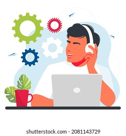 vector illustration of a man working at a laptop. freelance. promotion in the network. manager at remote work. business mechanism, abstract background with gears, business promotion, strategy analysis