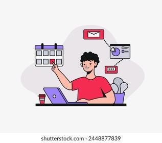 Vector illustration of a man working at a laptop in the office. Illustration isolated on white background.