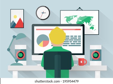 Vector illustration of man working in modern office workspace.Flat style.