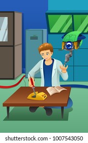 A vector illustration of Man Working on Electronic Device With Robot Help