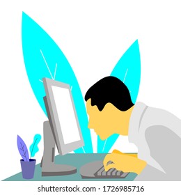 Vector illustration of a man working on a laptop. Flat illustration of activities using a laptop such as work, business, entertainment, learning, and others.