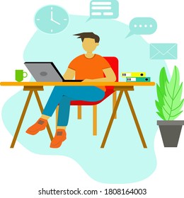 vector illustration of a man working on a task using his laptop.